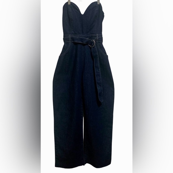 Zara Dark Women Blue Wide Leg Denim Strapless Jumpsuit, Small 99% Cotton. - Picture 4 of 16